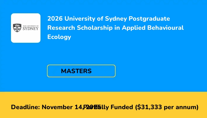 2026 University of Sydney Postgraduate Research Scholarship in Applied Behavioural Ecology