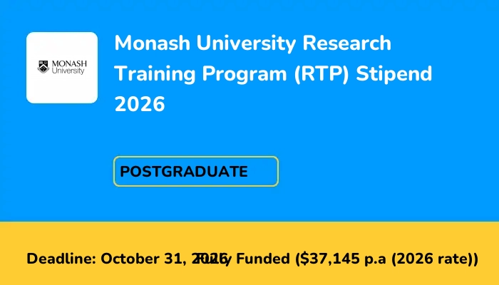 Monash University Research Training Program (RTP) Stipend 2026